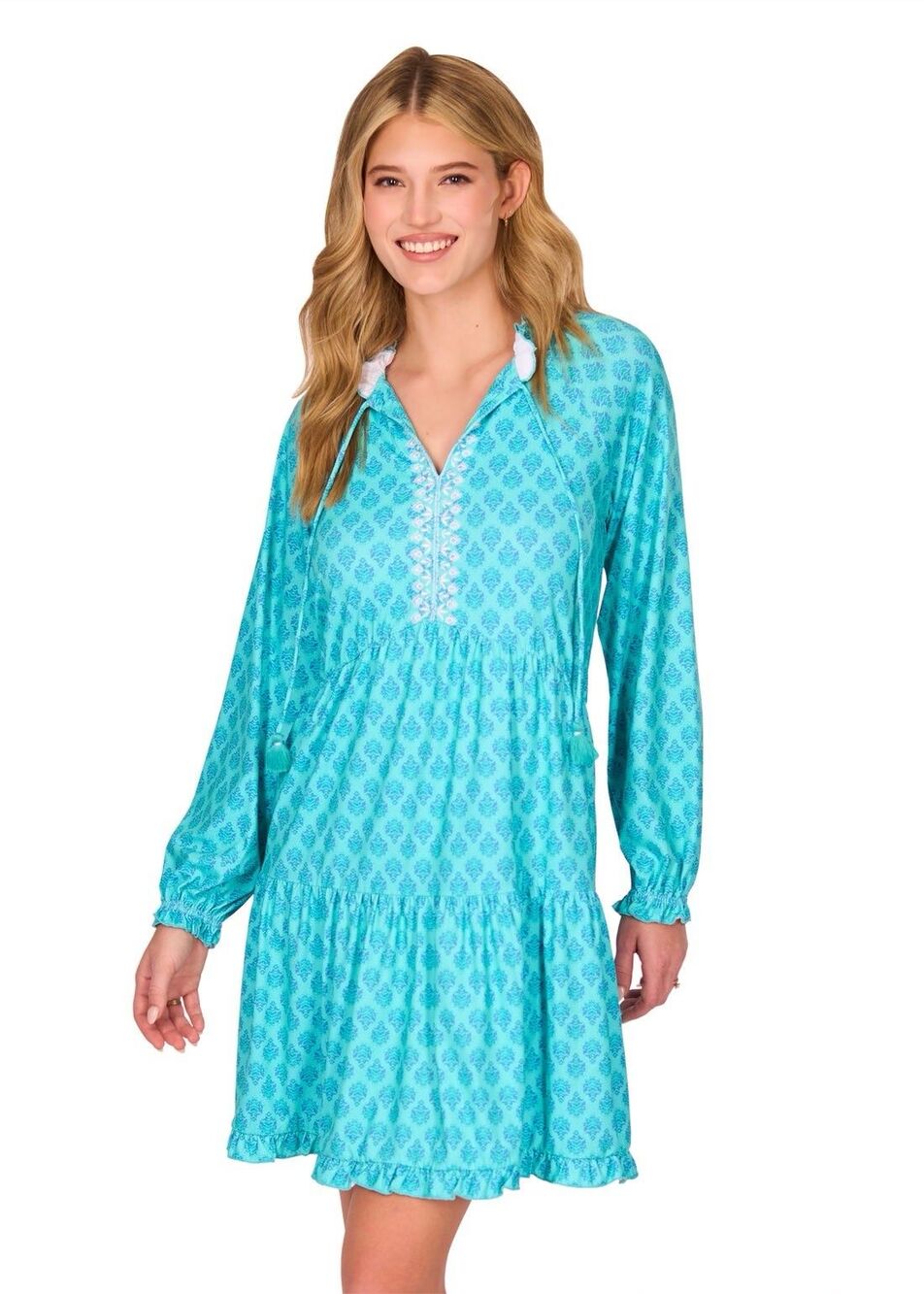 Cabana Life XS UPF 50+ Dress Teal Embroidered Tassel Resort Beach Cover Up